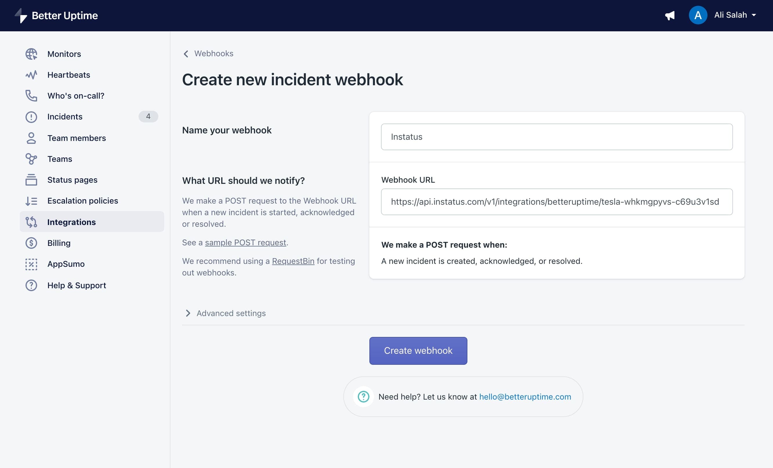 Connect Better Uptime monitor with Instatus component