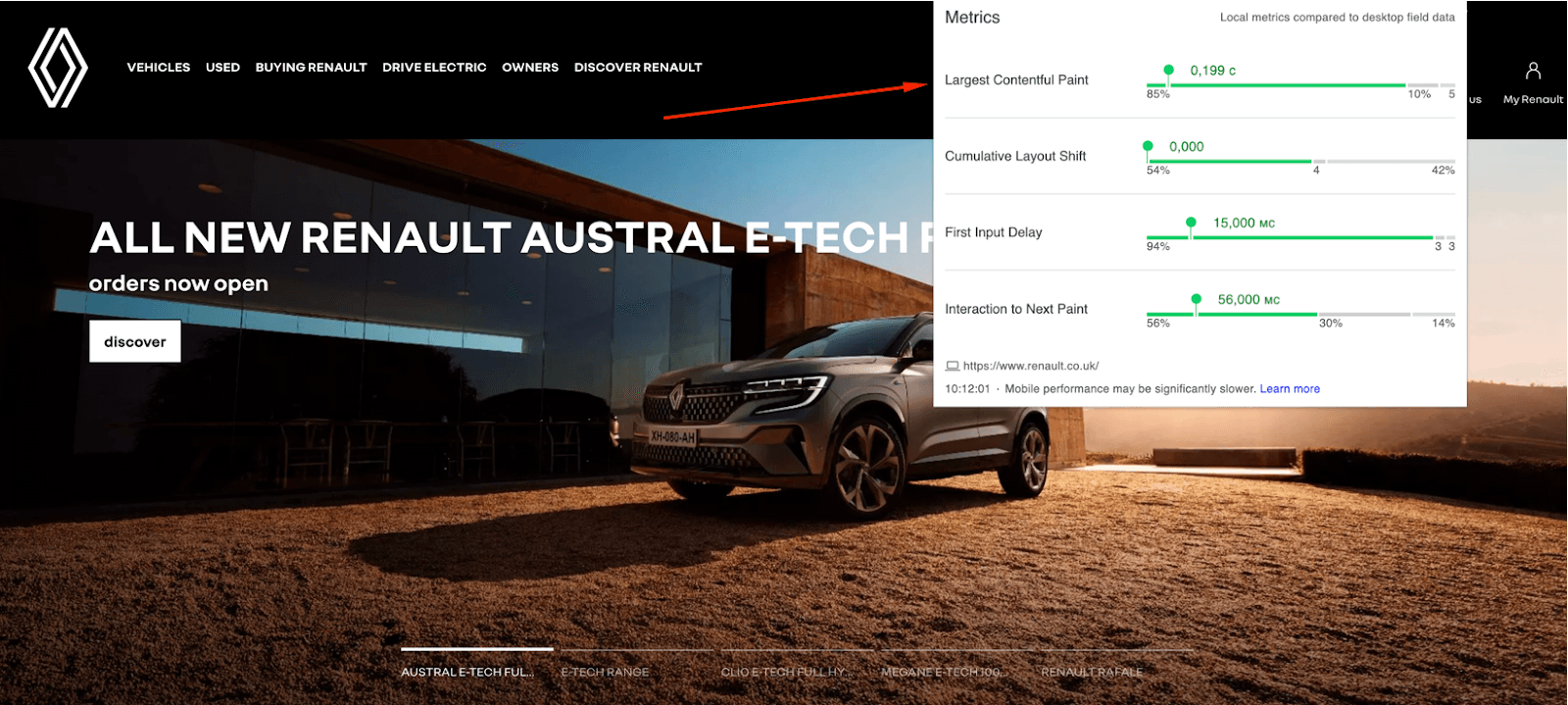 renault-website-showing-improved-lcp-score-web-vitals-tool-report